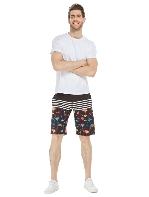 Hawaii Hangover Men's Spandex Hawaiian Beach Board Shorts with Zipped Pocket in Flamingo Party