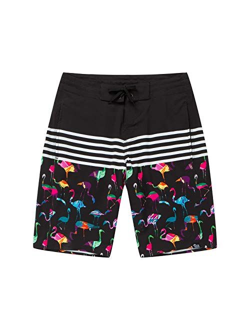 Hawaii Hangover Men's Spandex Hawaiian Beach Board Shorts with Zipped Pocket in Flamingo Party