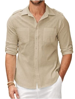 Men's Cotton Linen Shirt Long Sleeve Casual Button Down Summer Beach Plain T Shirts with Pockets