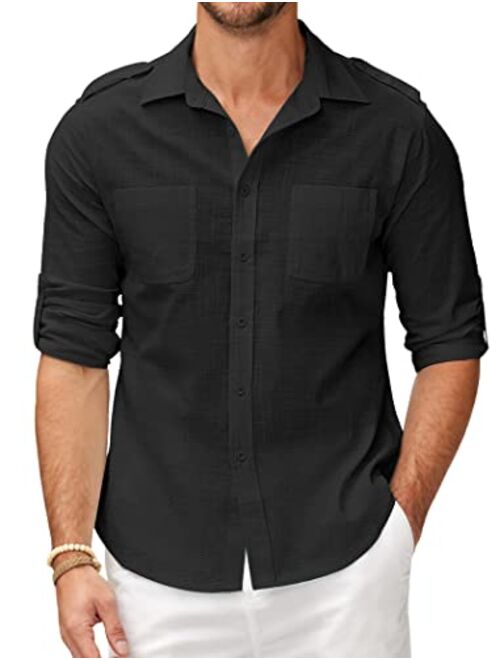 COOFANDY Men's Cotton Linen Shirt Long Sleeve Casual Button Down Summer Beach Plain T Shirts with Pockets