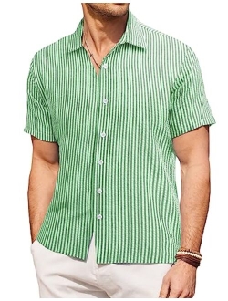 Men's Casual Short Sleeve Button Down Shirt Textured Summer Beach Shirt