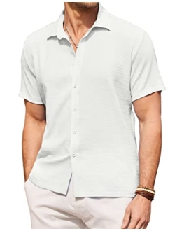 Men's Casual Short Sleeve Button Down Shirt Textured Summer Beach Shirt