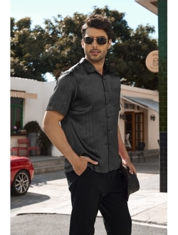 Men's Silk Short Sleeve Dress Shirts Casual Satin Button Up Shirts with Pocket Party Prom Wedding Black