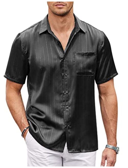 COOFANDY Men's Silk Short Sleeve Dress Shirts Casual Satin Button Up Shirts with Pocket Party Prom Wedding Black