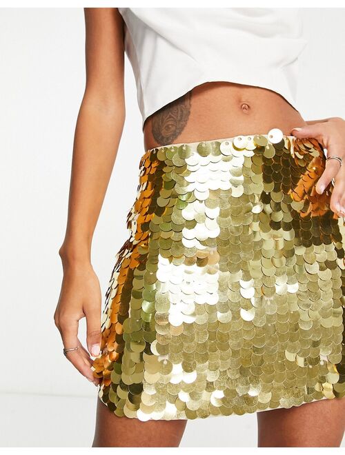 Miss Selfridge Festival Premium disc sequin mini skirt in gold