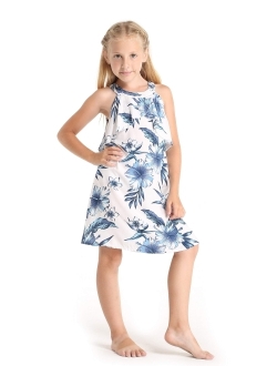 Hawaii Hangover Girl Hawaiian Round Neck with Ruffle Dress and Straw Ruffle Hat with Matching Band in Day Dream Bloom