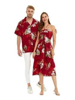 Hawaii Hangover Matchable Couple Hawaiian Luau Shirt or Butterfly Dress in Pineapple Garden Burgundy