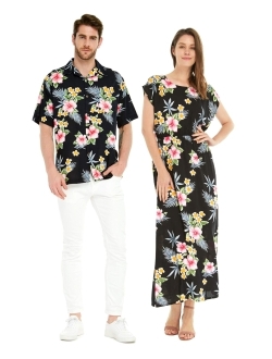 Hawaii Hangover Matchable Couple Hawaiian Luau Shirt or Maxi Simple Dress in Hibiscus Black