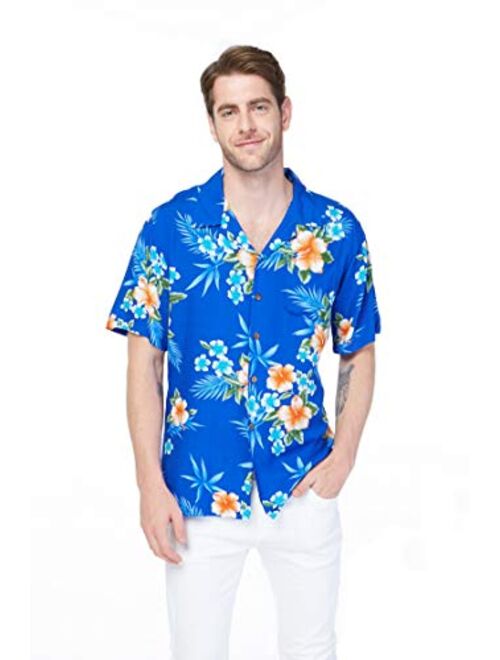 Hawaii Hangover Matchable Couple Hawaiian Luau Shirt or Wrap Ruffle Dress in Hibiscus Blue