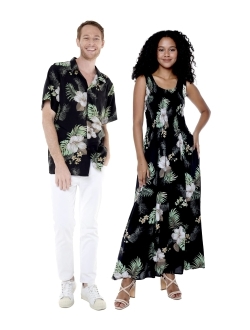 Hawaii Hangover Matchable Couple Hawaiian Luau Shirt or Maxi Tank Dress in Pineapple Garden Black