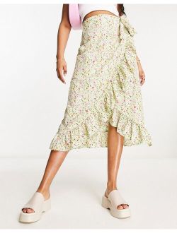 wrap front midi skirt in green florals