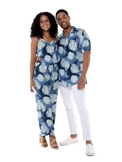 Hawaii Hangover Matchable Couple Hawaiian Luau Shirt or V-Neck Jumpsuit with Pockets in Pacific Palm Navy