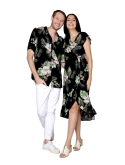 Hawaii Hangover Matchable Couple Hawaiian Luau Shirt or Wrap Ruffle Dress in Pineapple Garden Black