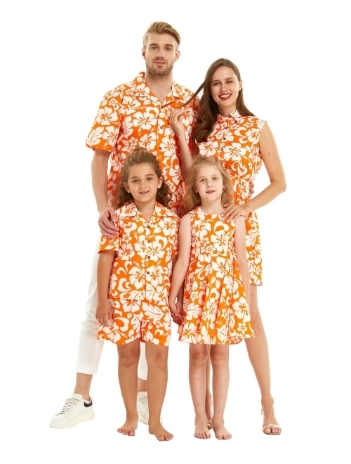 Hawaii Hangover Matchable Family Hawaiian Luau Men Women Girl Boy Clothes in Classic Vintage Hibiscus Orange