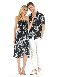 Hawaii Hangover Couple Matching Hawaiian Luau Party Outfit Set Shirt Dress in Black Rafelsia