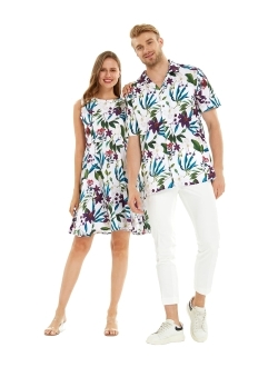 Hawaii Hangover Matchable Couple Hawaiian Luau Men Shirt or Women Vintage Fit and Flare Dress in Purple Orchid