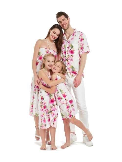 Hawaii Hangover Matchable Family Hawaiian Luau Men Women Girl Boy Clothes in Pink Hibiscus Vine White