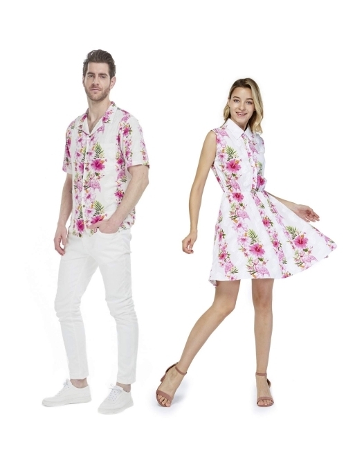 Hawaii Hangover Couple Matching Hawaiian Luau Cruise Outfit Shirt Dress Pink Hibiscus Vine