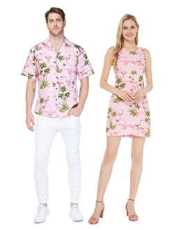 Hawaii Hangover Made in Hawaii Couple Matching Luau Aloha Shirt Tank Dress in Pink Flamingos in Turquoise
