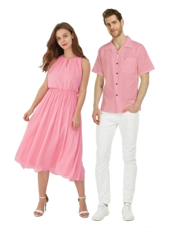 Hawaii Hangover Hawaiian Beach Wedding Groomsman Bridesmaid Matching Linen Shirt and Chiffon Dress in Pink Coral