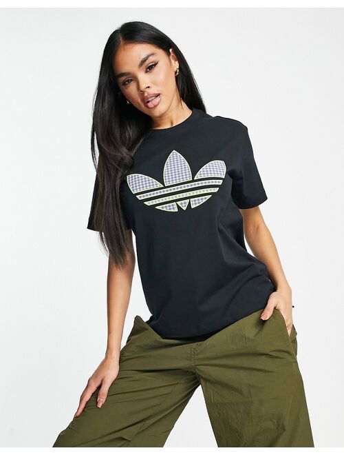 adidas Originals large trefoil t-shirt with gingham print in black