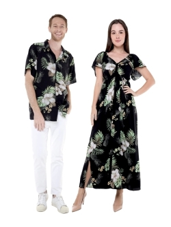 Hawaii Hangover Matchable Couple Hawaiian Luau Shirt or Rahee Maxi Dress in Pineapple Garden Black