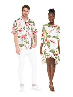 Hawaii Hangover Matchable Couple Hawaiian Luau Shirt or 3/4 Sleeve Ruffle Dress in Cream Rafelsia