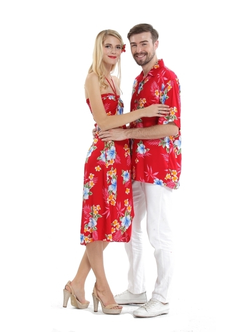 Hawaii Hangover Couple Matching Hawaiian Luau Cruise Party Outfit Shirt Dress in Hibiscus Red