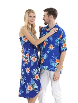 Hawaii Hangover Couple Matching Hawaiian Luau Cruise Party Outfit Shirt Dress in Hibiscus Blue