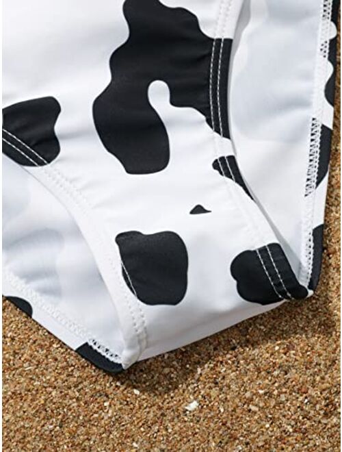 SHENHE Girl's Cow Print Scoop Neck Bikini Swimsuit 3 Piece Bathing Suits with Beach Skirt