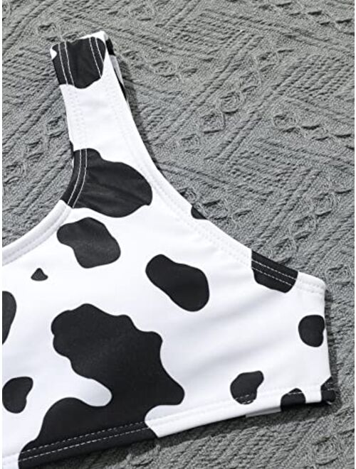 SHENHE Girl's Cow Print Scoop Neck Bikini Swimsuit 3 Piece Bathing Suits with Beach Skirt