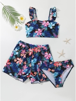 Girl's 3 Pieces Tropical Print Ruffle Trim Bikini Swimsuit with Beach Skirt
