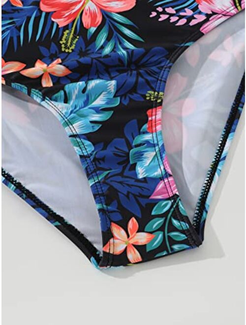 WDIRARA Girl's 3 Pieces Tropical Print Ruffle Trim Bikini Swimsuit with Beach Skirt