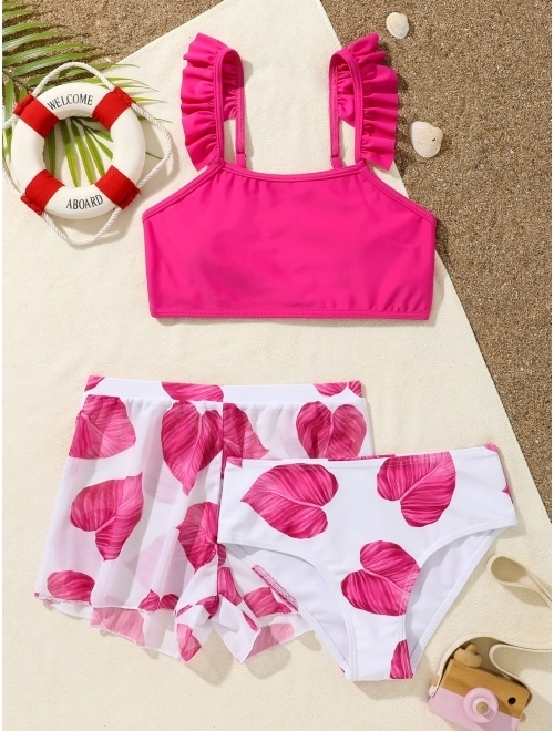 MakeMeChic Girl's 3 Piece Bathing Suits Leaf Print Ruffle Trim Bikini Swimsuit with Cover Up Shorts