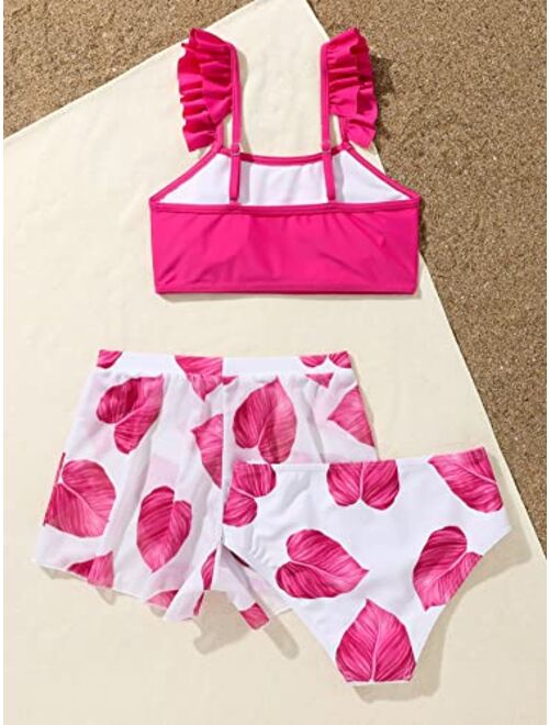 MakeMeChic Girl's 3 Piece Bathing Suits Leaf Print Ruffle Trim Bikini Swimsuit with Cover Up Shorts