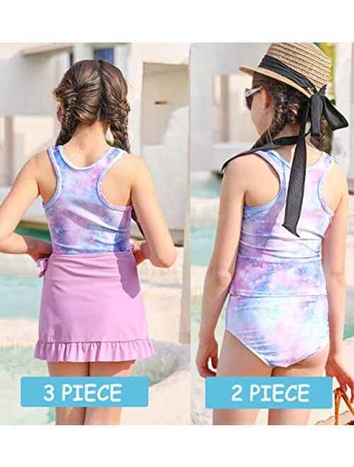 Lovekider Girls Swimsuits 3 Piece Tankini Bathing Suit Set Cute Bikini Swimwear with Cover Ups Beach Skirt 6-12 Years