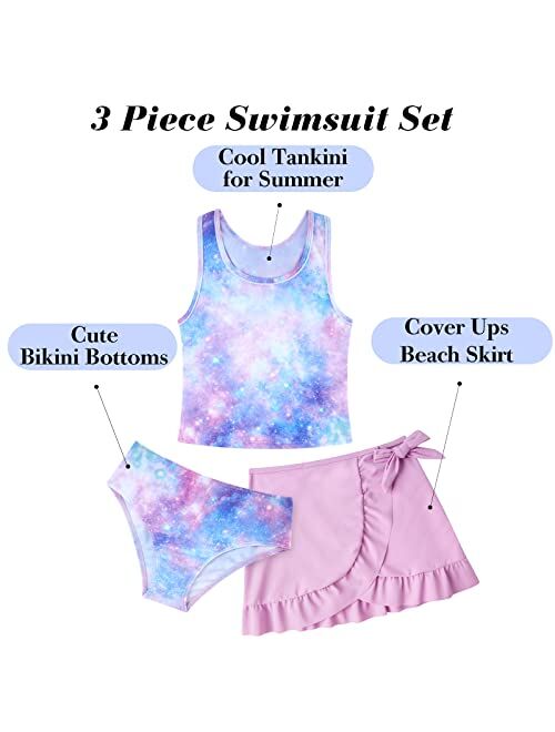 Lovekider Girls Swimsuits 3 Piece Tankini Bathing Suit Set Cute Bikini Swimwear with Cover Ups Beach Skirt 6-12 Years