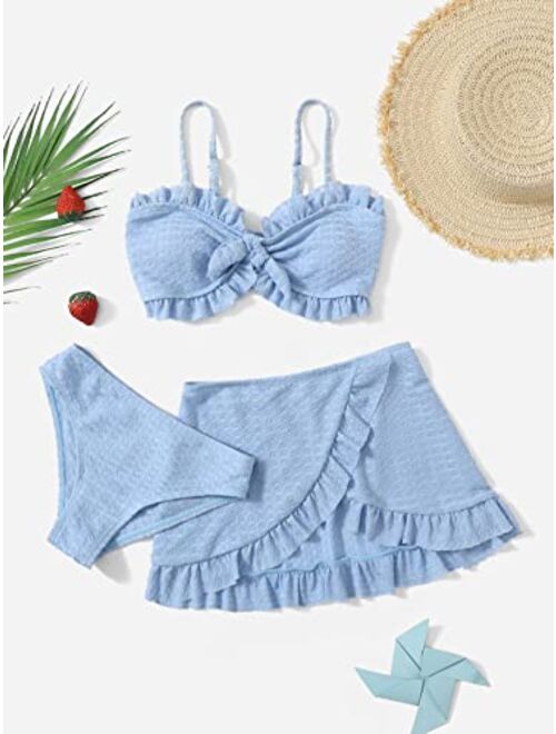 Cozyease Girls' 3 Piece Floral Print Bikini Tie Front Ruffle Trim Frill Wrap Cute Swimsuit with Beach Skirt Set