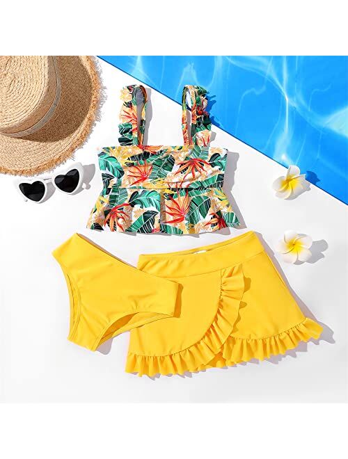 PATPAT Girl's 3 Piece Swimsuits Floral Print Bikini Bathing Suit with Cover Up Beach Skirt