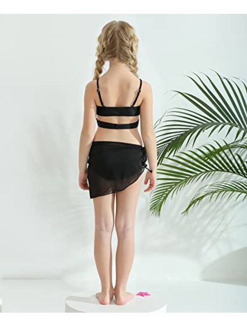 URMAGIC Girl's 3 Piece Swimsuits Printed Bathing Suit Bikini Set Swimwear with Cover Up for Girls 8-12 Years