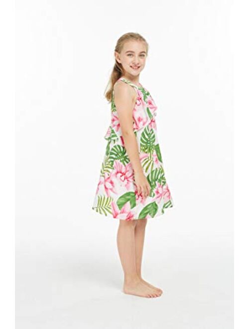 Hawaii Hangover Girl Hawaiian Round Neck with Ruffle Dress in Lotus and Orchid