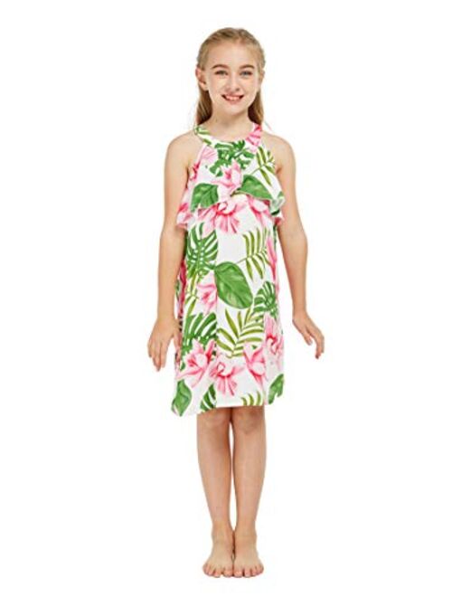 Hawaii Hangover Girl Hawaiian Round Neck with Ruffle Dress in Lotus and Orchid