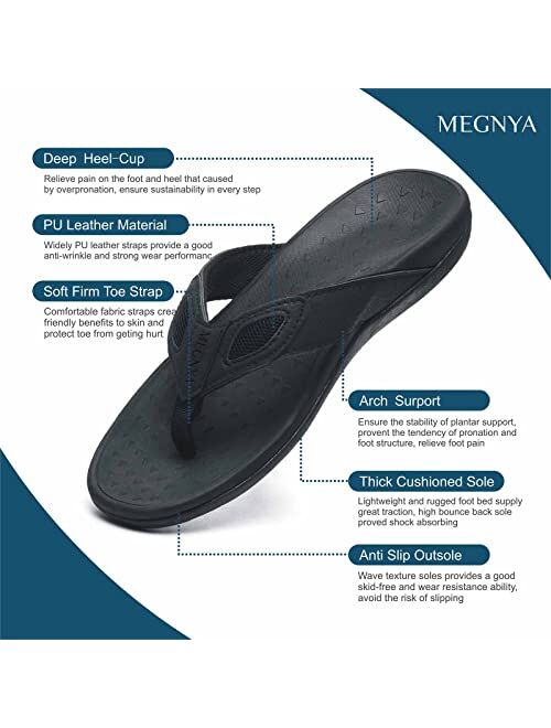 MEGNYA Mens Orthopedic Flip Flops for Plantar Fasciitis, Athletic Toe-Post Sandals with Arch Support, Comfort Walking Thong Slippers for Sport Exercise Activities