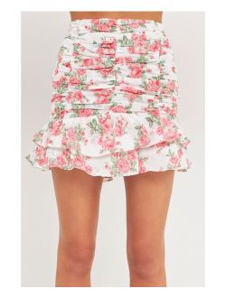 Women's Floral Linen Ruffled Mini Skirt
