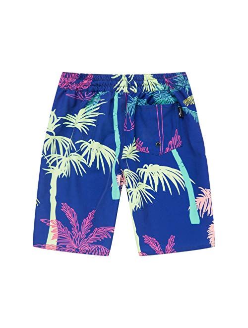 Hawaii Hangover Boy's Spandex Hawaiian Beach Board Shorts with Elastic Tie and Pocket in Crayon Palms