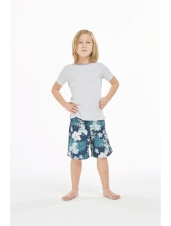 Hawaii Hangover Boy's Spandex Hawaiian Beach Board Shorts with Elastic Tie and Pocket in Faded Floral