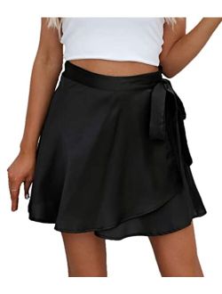 Mingnos Women's Summer Adjustable Wrap Lace-up Belt High Waisted Satin Silky Mini Short Skirt
