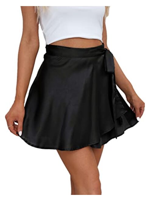 Mingnos Women's Summer Adjustable Wrap Lace-up Belt High Waisted Satin Silky Mini Short Skirt