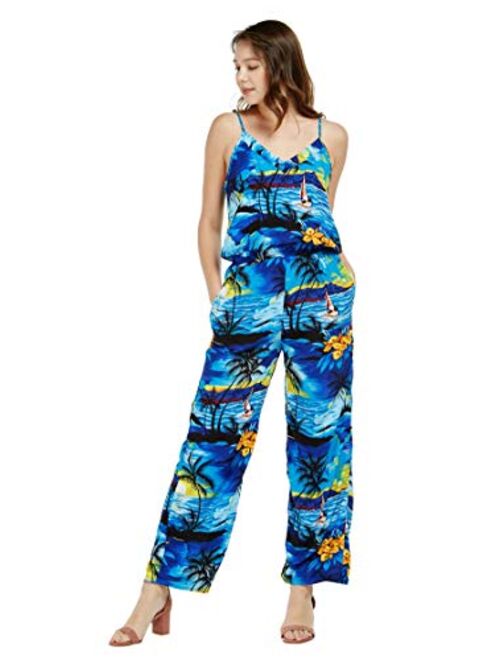 Hawaii Hangover Women's Hawaiian Strap V with Pockets Jumpsuit in Sunset Blue