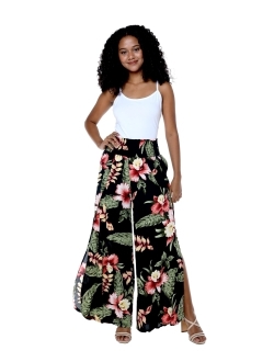 Hawaii Hangover Lady High Slit Wide Leg Pants in Pacific Palm Navy